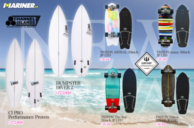 【NEW!!】白浜マリーナから、CHANNEL ISLANDS DUMPSTER DIVER 2　5’4～6’4,CHANNEL ISLANDS CI PRO Performance Proven　5’8〜5’11 & CARVER SK8BOARDS TRITON ASTRAL, Many, The sea, Palmsをご紹介♪